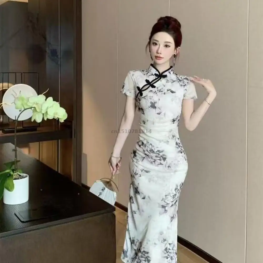 2026 New Chinese Style Short Sleeve Qipao Dress Mesh Floral Print Mandarin Collar Frog Button Slim Bodycon Long Slit Cheongsam