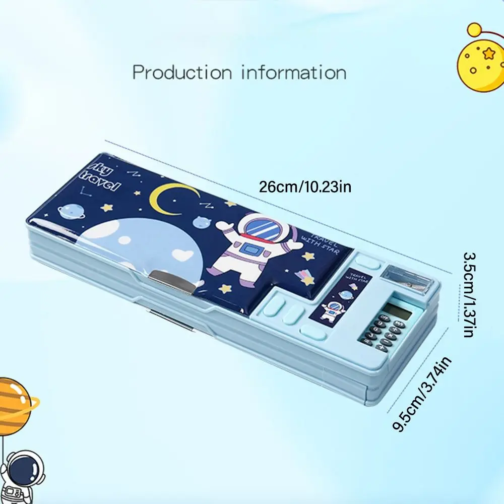 Estuche de lápices de doble capa con calculadora, caja de almacenamiento de papelería con diseño de astronauta/animales, sacapuntas de plástico