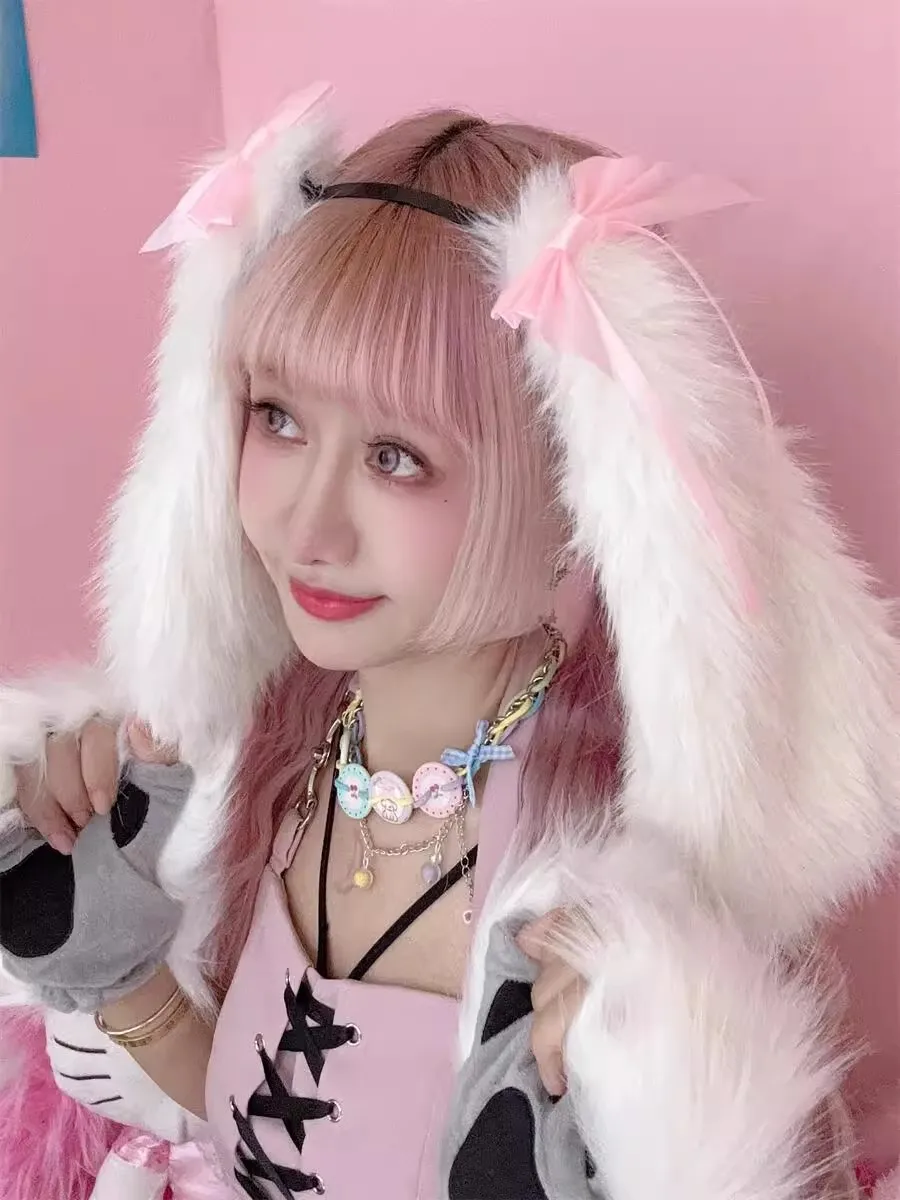 日本の巨大な毛皮のようなウサギの耳カチューシャバタフライマシンロリータ原宿サブカルチャーかぶと Y2K かわいい女の子コスプレ頭飾り