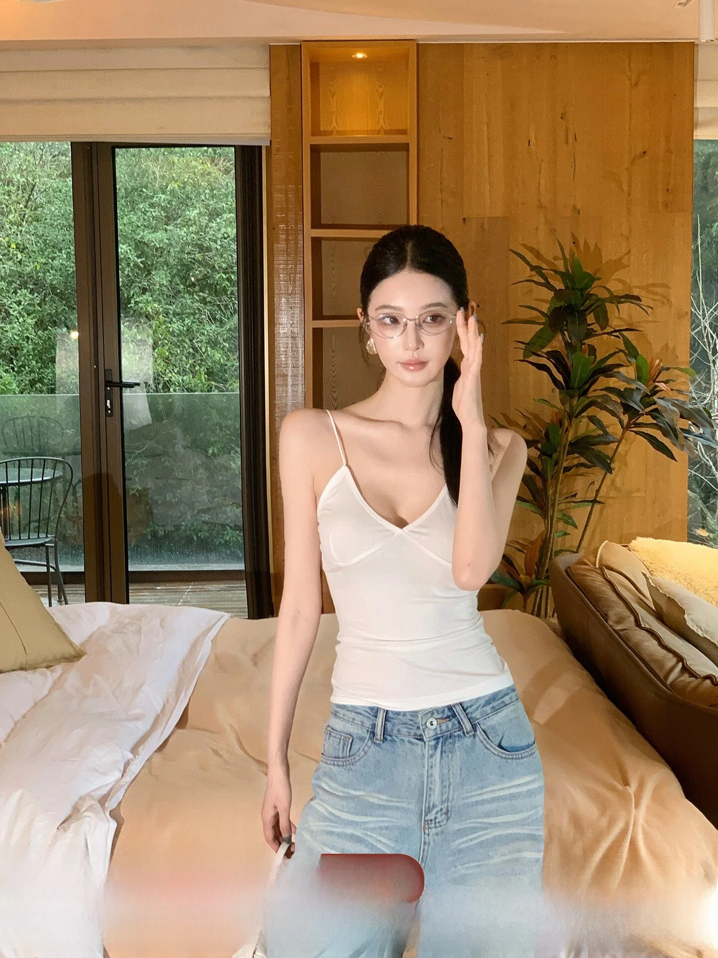 

ALIN Summer Vacation Basic Versatile V-neck Strap Slimming Sexy Top AL6NBB11 Women's Cotton Blend Elastic Bandage Vest