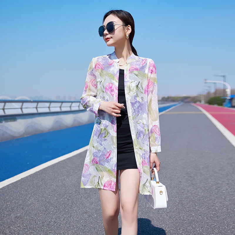 Jacquard Print Chiffon Long Shirts Women Long Sleeve Summer Cardigan Korean Style Elegant Lady Sun-Protect Floral Cover-Up Coat