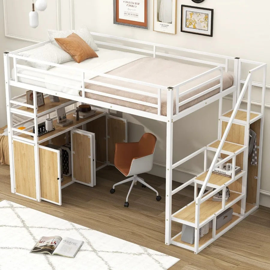 Tempat Tidur Loteng Logam Ukuran Penuh dengan Tangga Penyimpanan, Rak Lemari, dan Loker Putih