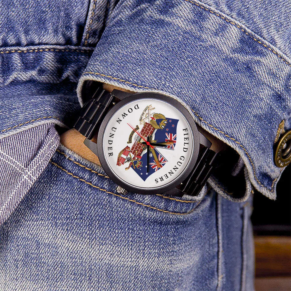 Orologio unisex Union Jack con design Gunners archiviato da 45/38 mm, cinturino in acciaio inossidabile con souvenir regalo in oro rosa nero argento