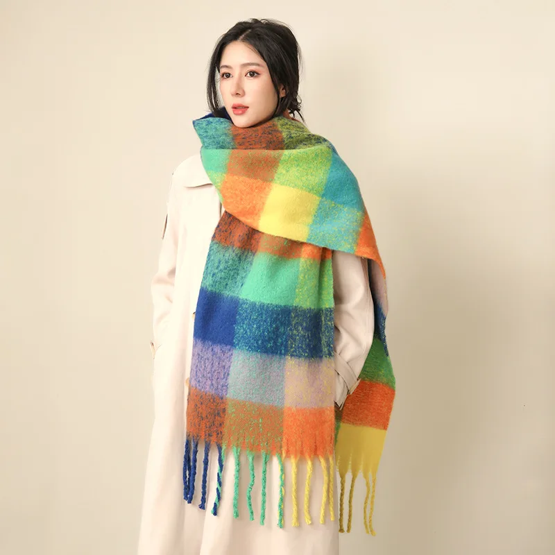 2022 New Cashmere Scarves Winter Thick Women‘s Pashmina Shawls Ladies Long Warm Tassel Scarf Rainbow Wrap Hairy Bufanda Foulard