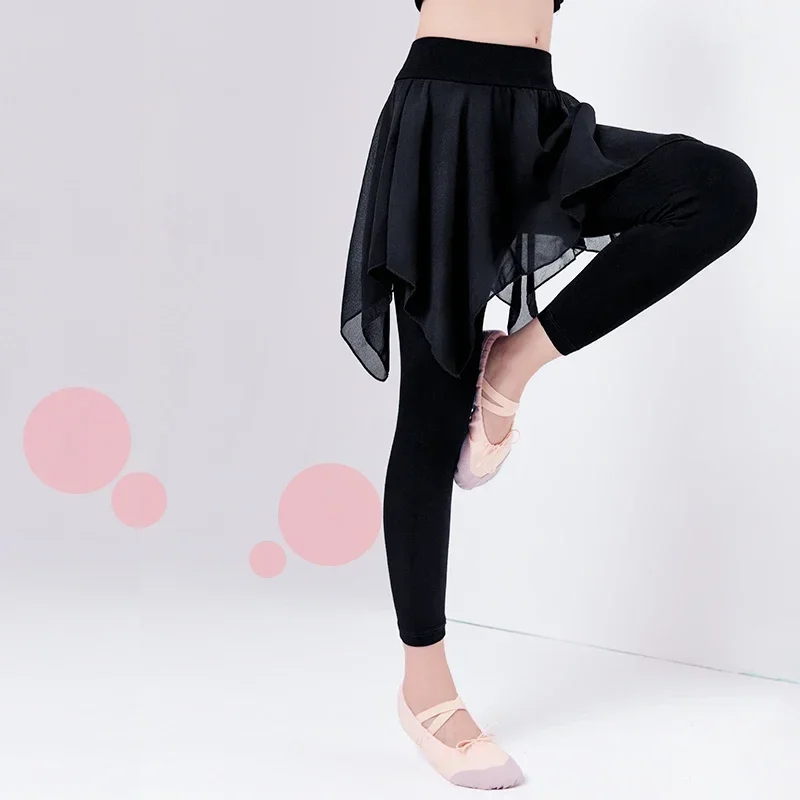 Girls Kids Black Ballet Dance Pants Children Modal Pants With Chiffon Skirt Gymnastics Dance Training Leggings