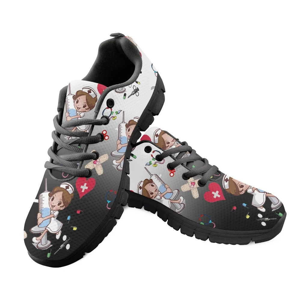 Gradient Nurse Shoes Women Breathable Sneakers Lovely Cartoon Nursing Print Casual Lightweight Flat Lace Up Footwear