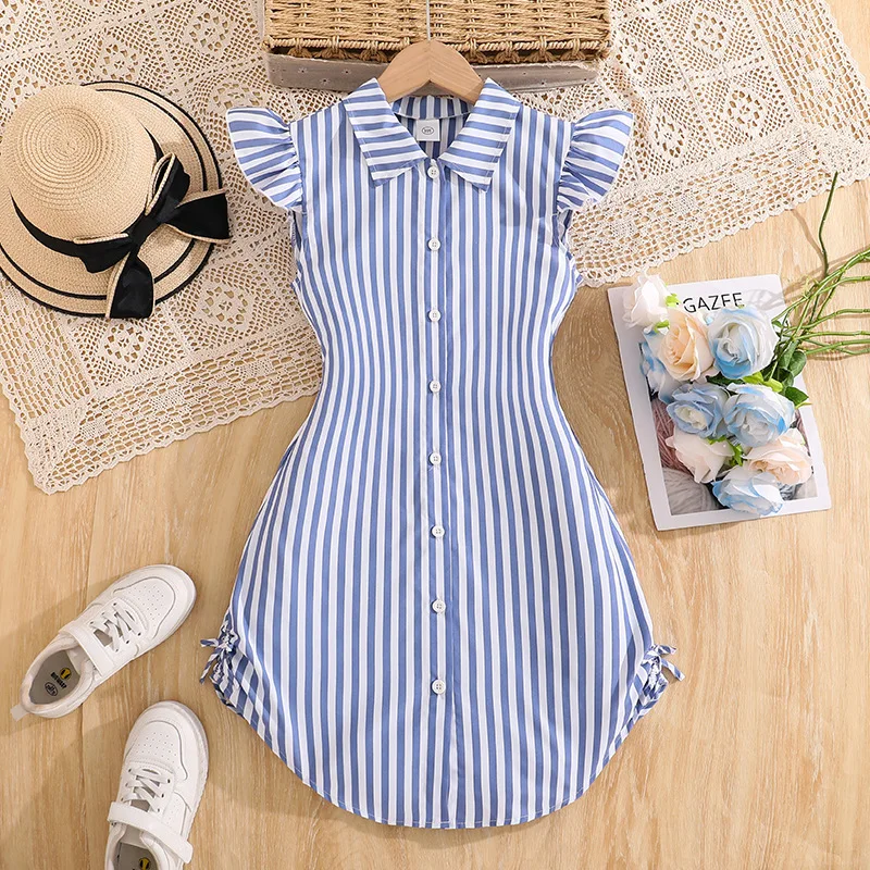 

2026 Spring/Summer New Cross-border Children's Clothing Elegant Stripes Printed V-Neck Sleeveless Corseted Waist Dress
