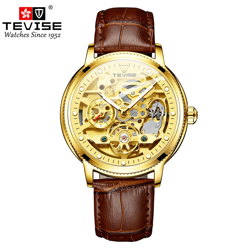 TEVISE Automatic Leather Hollow meccanico per uomo impermeabile luminoso Business & Fashion orologio da polso in acciaio inossidabile
