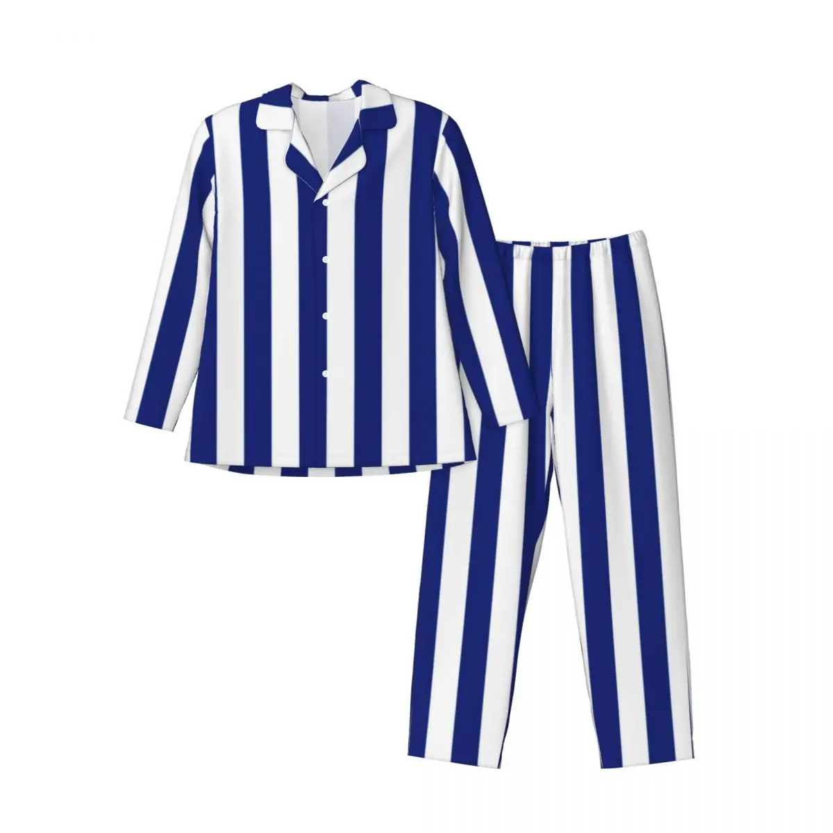 Vertical Striped Pajamas Men Blue Lines Print Kawaii Room Sleepwear Autumn 2 Piece Casual Loose Oversize Custom Pajama Sets