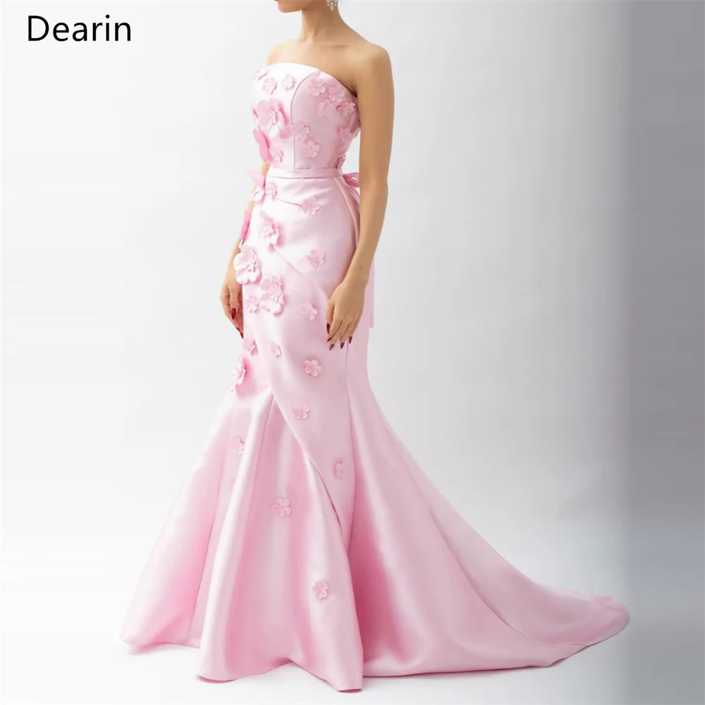 Vestido formal de baile de noite Dearin sem alças sereia até o chão saias drapeadas apliques sem mangas flor 3D sob medida Occasio