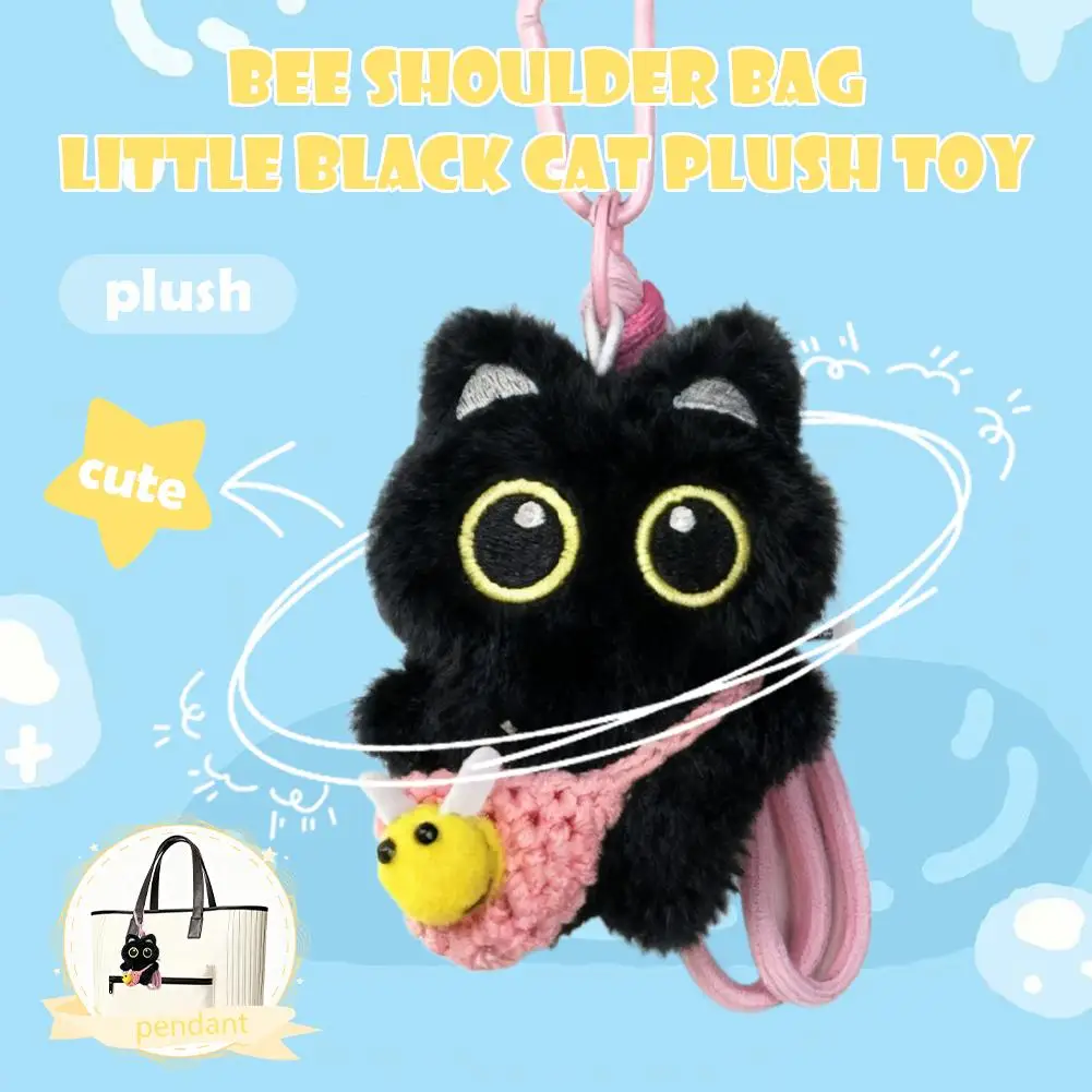 

Black Cat Plush Toy With Bee-shaped Shoulder Bag Fluffy Black Cat Pendant Gifts For Boys And Girls Q3O3