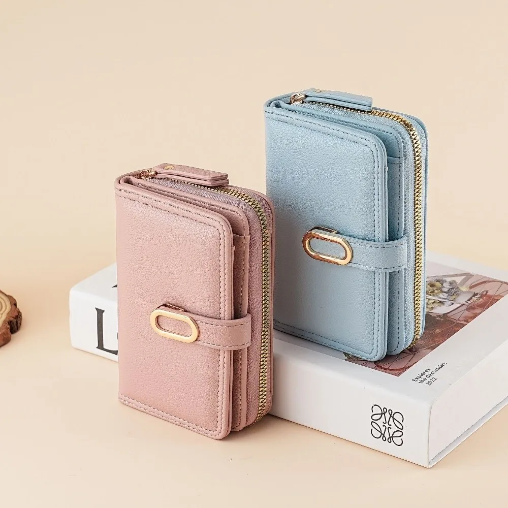 محفظة نسائية محمولة ذات سعة كبيرة وسحاب من جلد البولي يوريثان، محفظة قصيرة بلون سادة للعملات المعدنية للنساء
