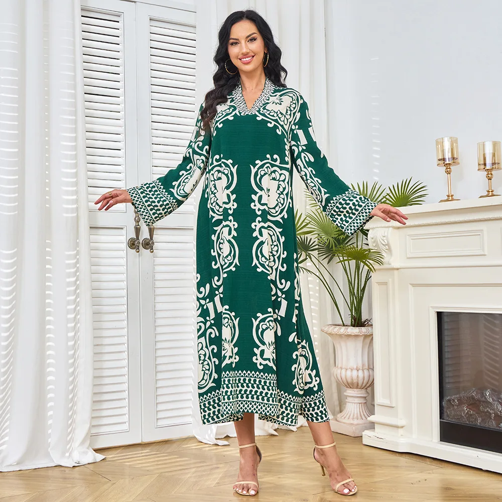 Robe Muslim Robe Women's Long Dress Printed Diamond Set Dubai Dress 2025 New Item Fashion Robe Dress Women Elegant Temperament