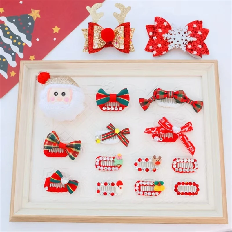 Merry Christmas BB Hairpin for Pet Santa Claus Bow Knot Maltese Puppy Accessories Zircon Sequin Cat Cosplay Long Hair Organizer