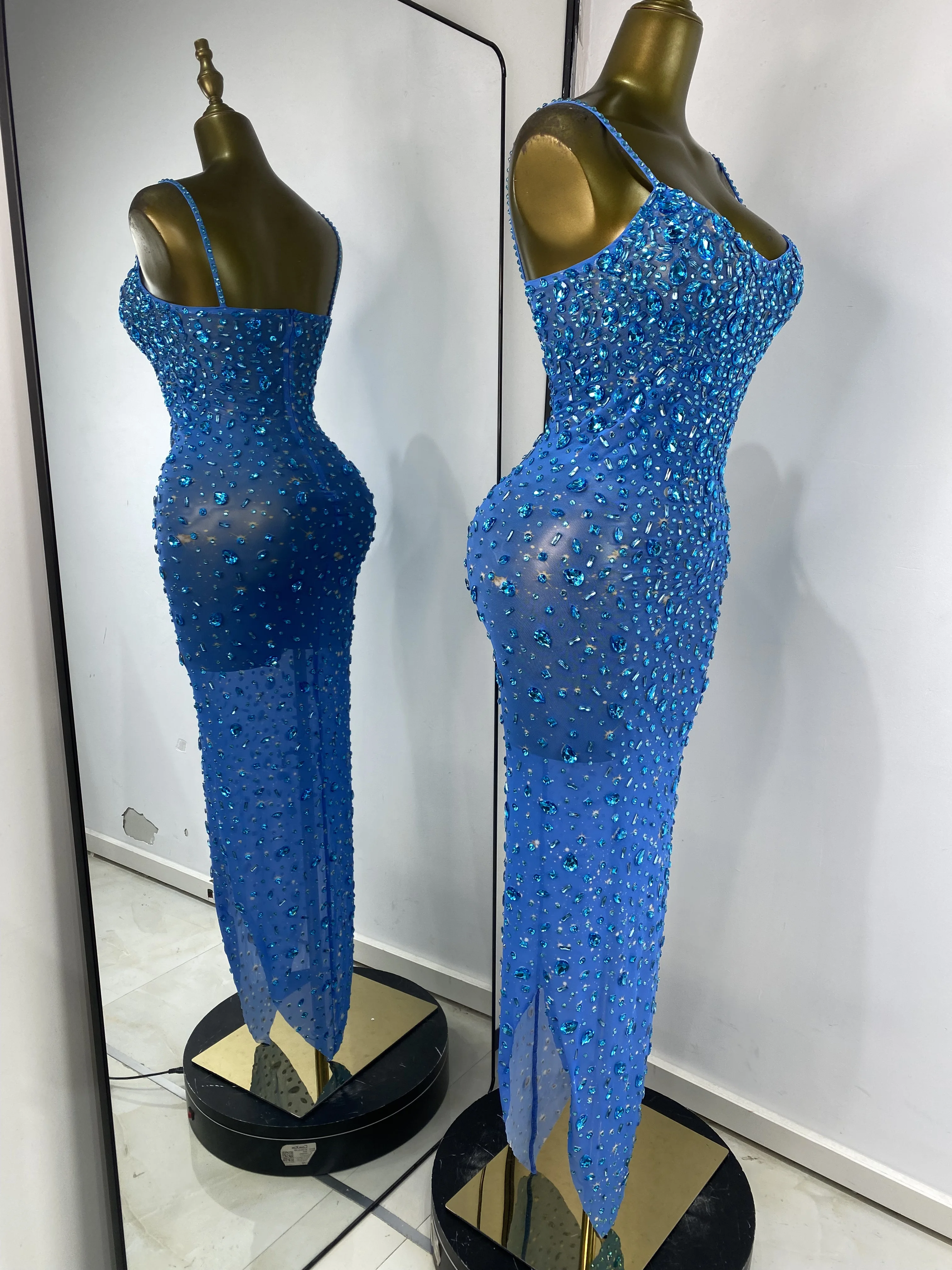 Women Blue Evening Party Dress Sparkly Rhinestones Spaghetti Strap V Neck  Long Asymmetric Mesh Runway Celebrity Gala Dress - AliExpress 200000345