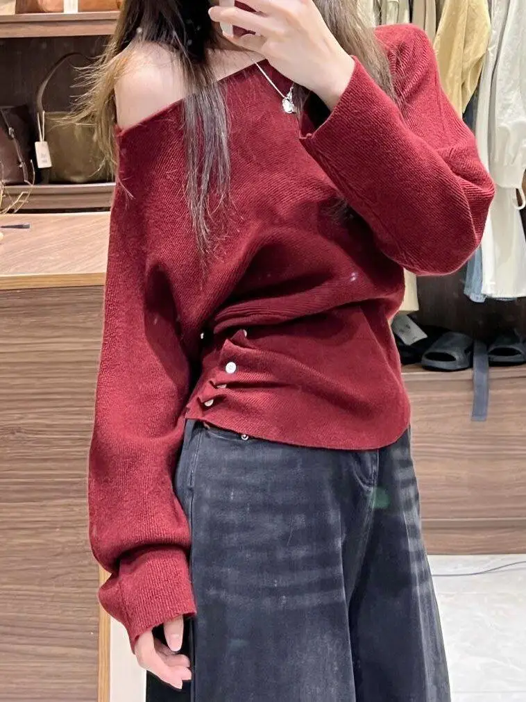 

Красный вязаный свитер на одно плечо для женщин, осенне-зимний, облегающий, базовый топ, с высокой талией, свободный крой, для повседневной носки и работы