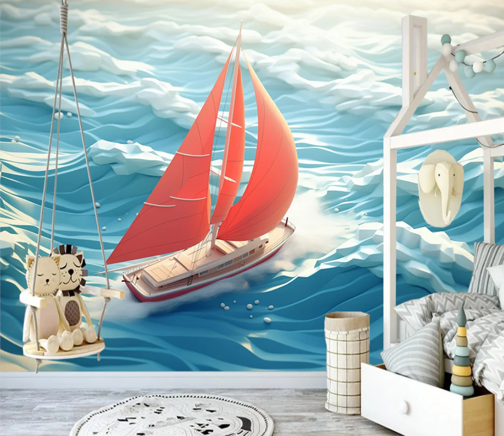 Custom Wallpaper Children's Room Sea Sailing Wallpaper Kindergarten Paper Cuttings Wall Decoration Ocean Wave mural 3d wallpaper