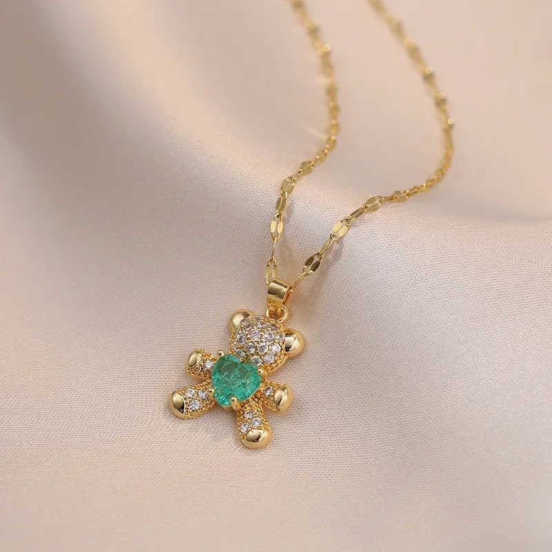Cute Pink Blue Zircon Bear Pendant Necklaces for Women Girls Gold Color Stainless Steel Chain Lovely Accessories Jewelry Gifts