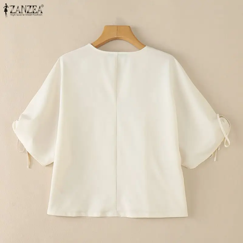 ZANZEA Woman Summer Loose Blouses Casual V-Neck Half Sleeve Tied Cuffs Solid Color Tops Fashion Daily Streetwear Blusas Mujer - view 2