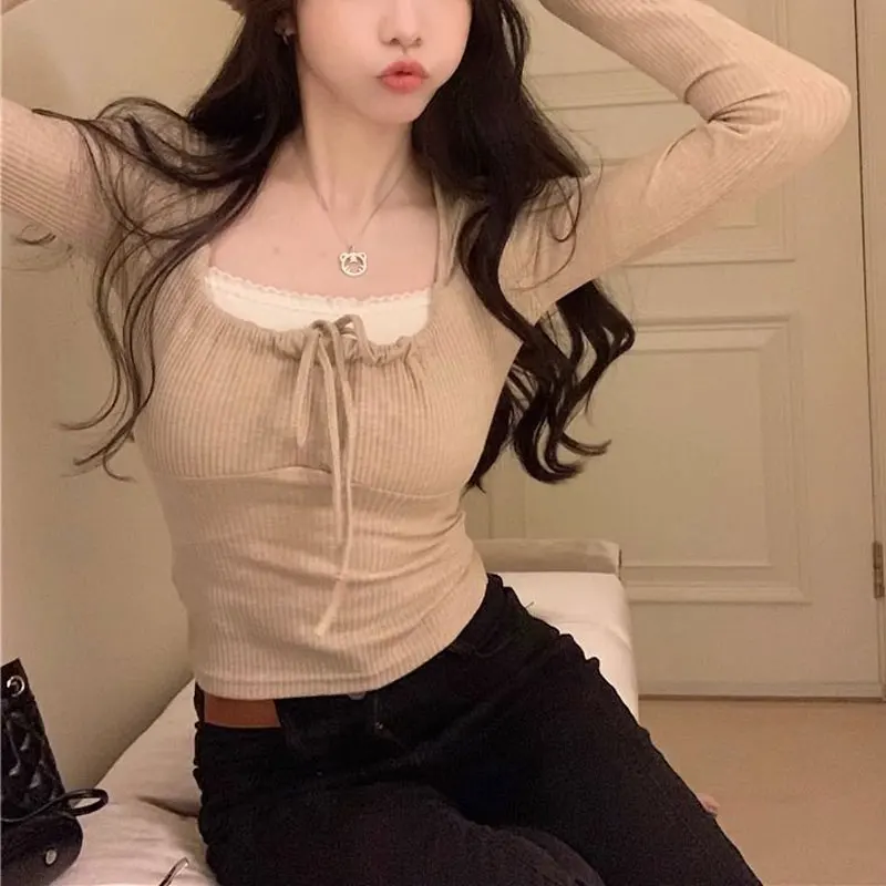 

American Drawstring Bow Basic T-shirts Women's Clothing Square Collar Autumn New Lace Fashion Spliced Slim Long Sleeve Pullovers