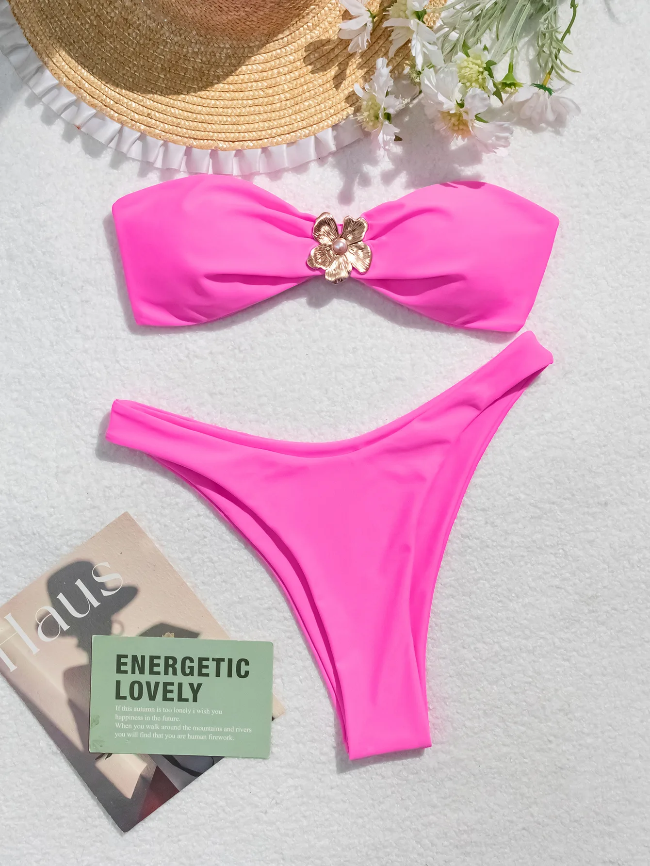 

Сексуальный металлический цветок розовый бандо комплекты бикини из двух частей с завязкой на спине стринги купальники пляжная одежда купальный костюм купальники бикини трикини