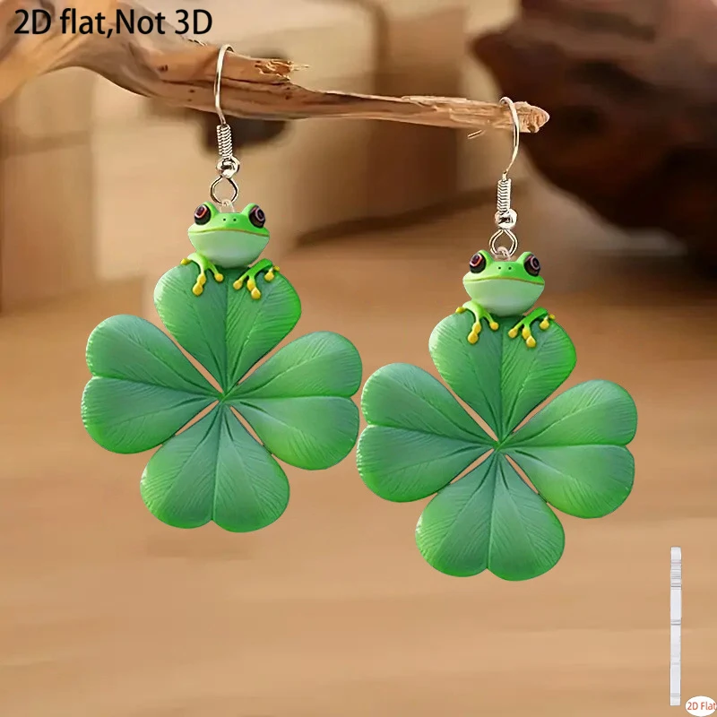 Cross-Border 2D Flat Acrylic Frog & Four-Leaf Clover Earrings - Ideal St. Patrick's Day Festival Gift Jewelry