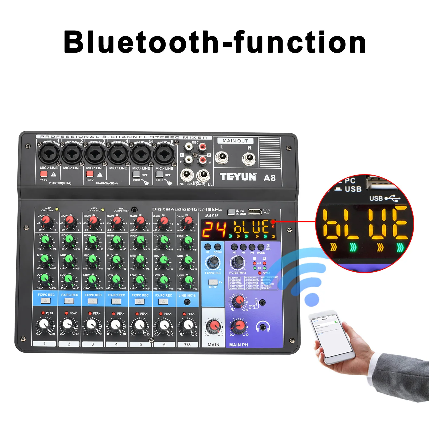 TEYUN 8 Channel Mixing Console 24 DSP Effect Audio Mixer Bluetooth PC USB Play Recording 48V Sound Table Desk A8