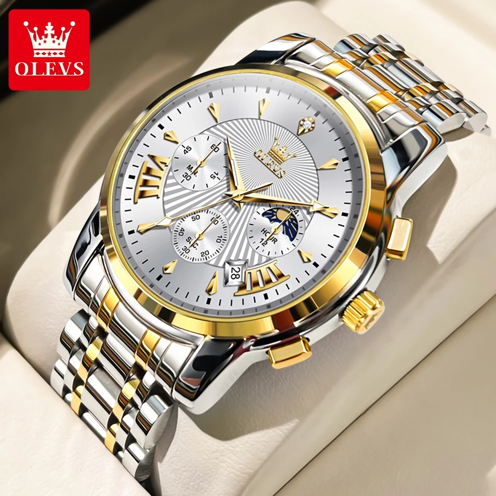 OLEVS Mens Sport Watches Top Brand Luxury Moon Phase 24 Hour Chronograph Quartz Watch Stainless Steel Waterproof Wristwatches