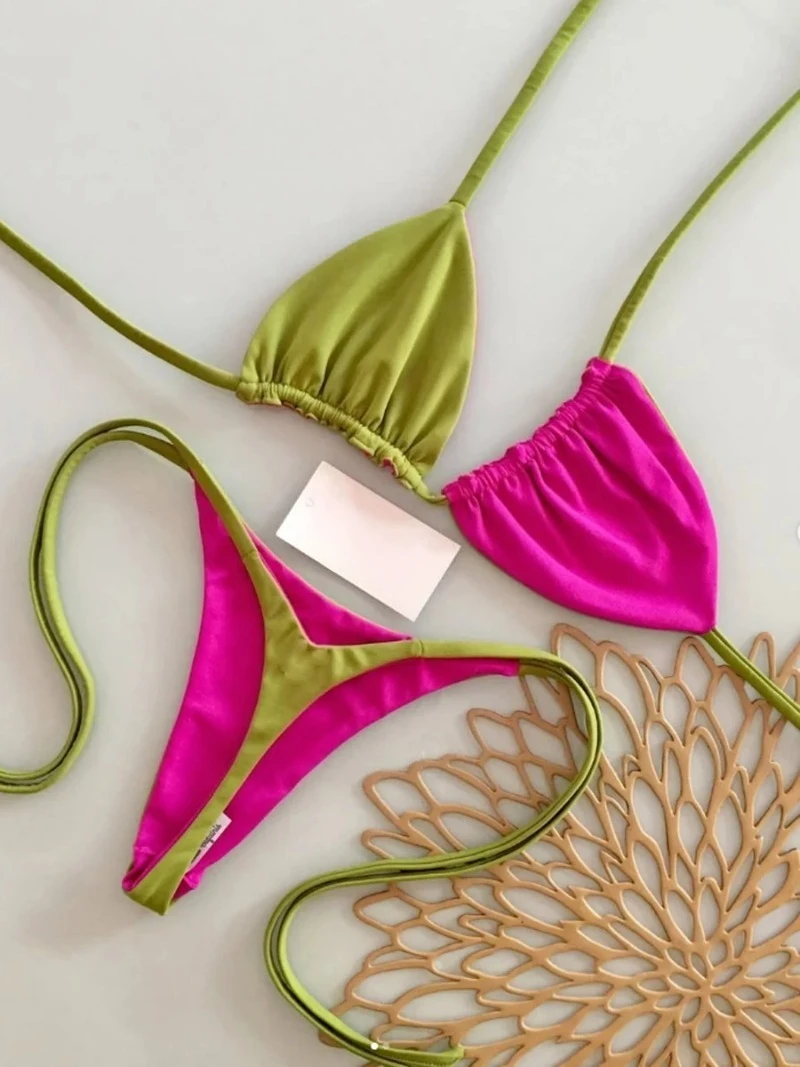 Women Color Block Halter Bikini Set 2 Pieces Contrast Color Swimsuit Sleeveless Tie‑Up Beach Bathing Suit Summer Beachwear
