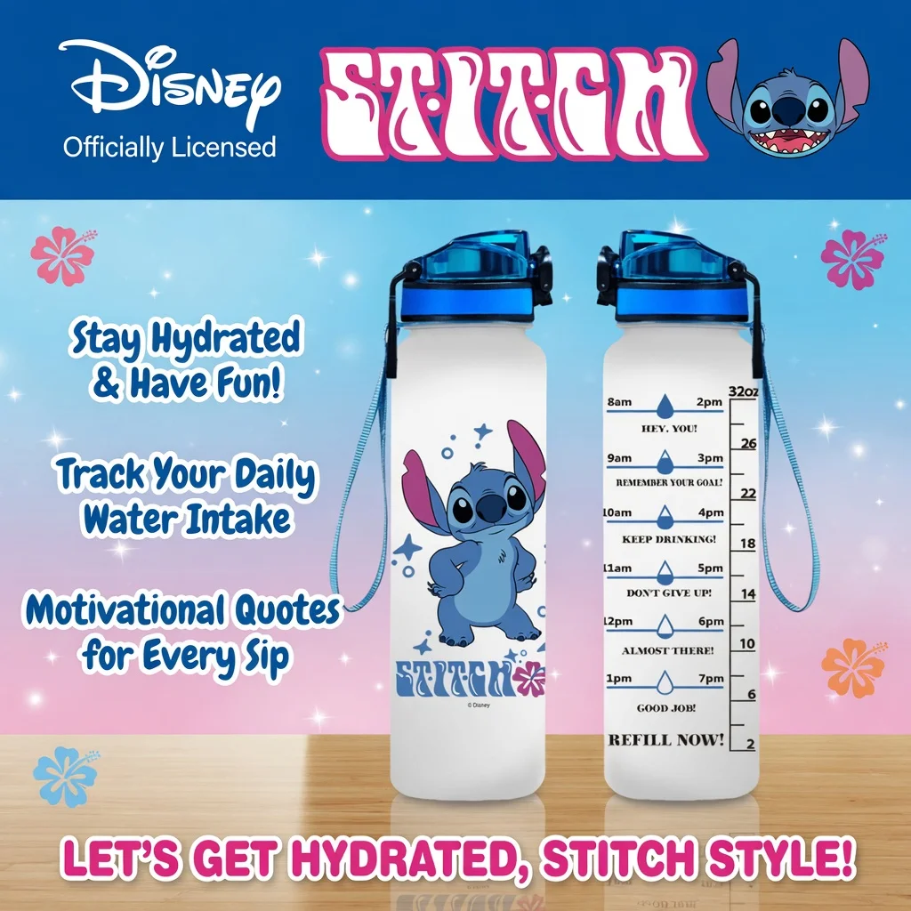 1pc 32oz Disney Blue Stitch Water Bottle Leakproof with Time Marker Motivational Design for Outdoor Sports Gym Reusable