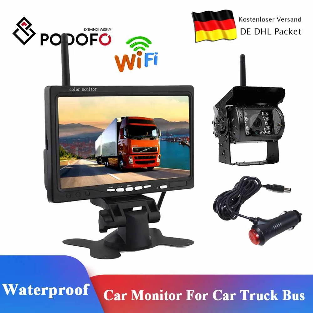 

Podofo Wireless 7" TFT LCD Car Monitor Reverse Camera Waterproof IP67 Backup Camera 18 IR Night Vision 12V-24V For RV Truck