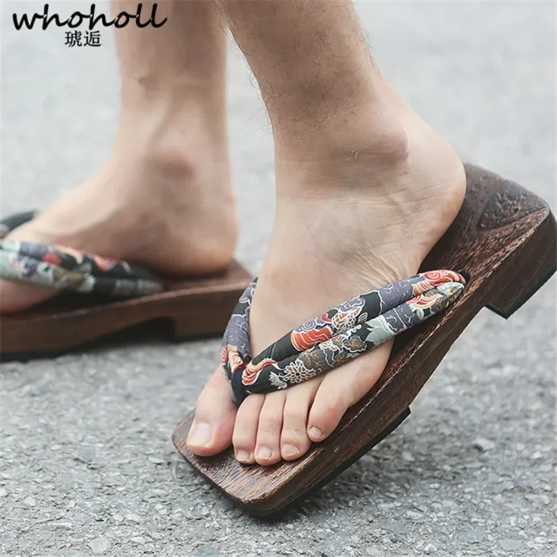 WHOHOLL Wooden Slippers Man Japanese Samurai Clogs Wooden Flat Geta Male Cosplay Costumes Thick Bottom Japanese Clogs Male