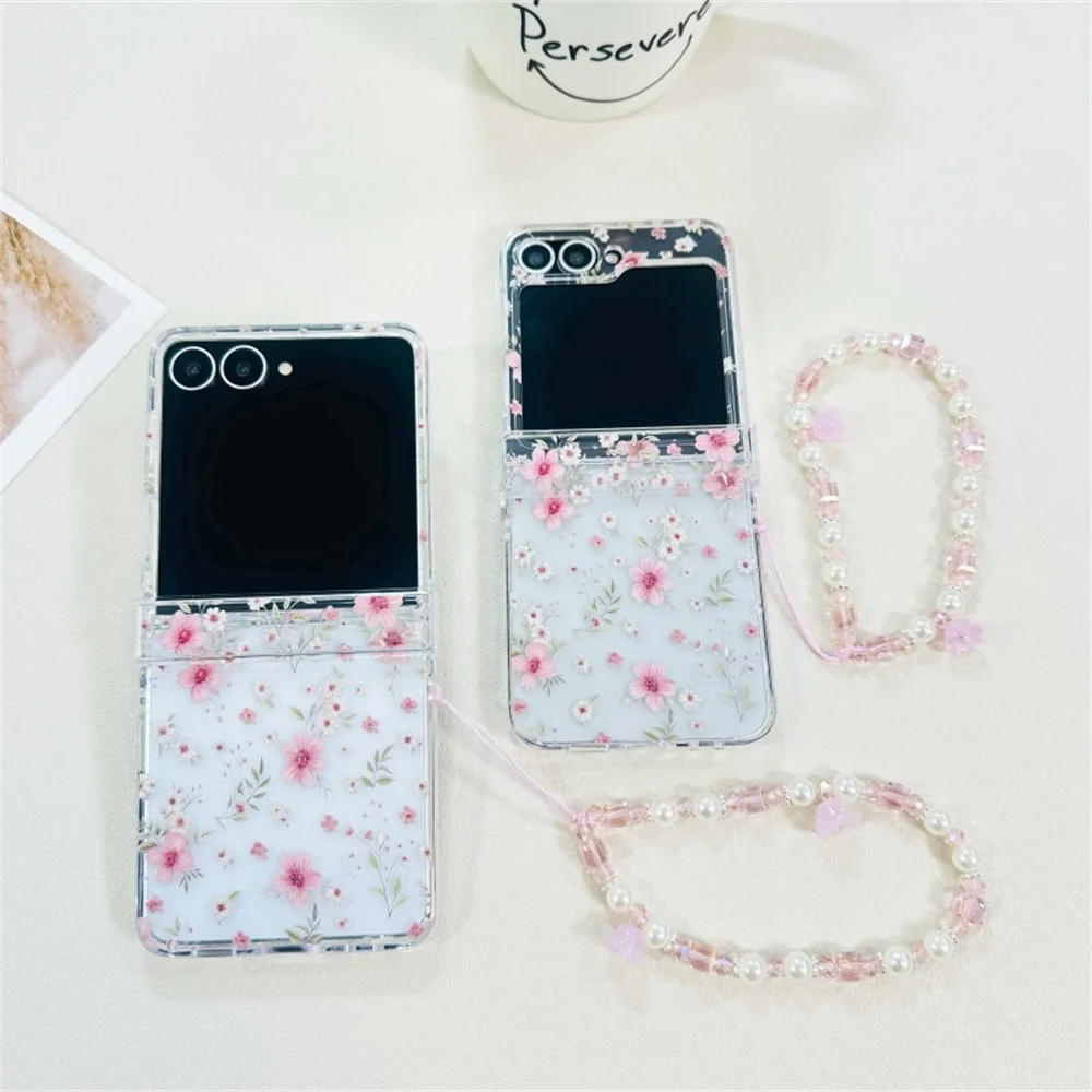Delicate Pastel Pink Cherry Blossom Floral Print Phone Case for Samsung Galaxy Z Flip 7-3 Crystal Bead Strap Protective Cover