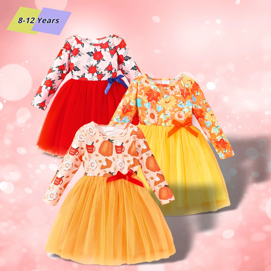 2024 Halloween Girls Dresses Winter New Long Sleeve Pumpkin Collar Floral Ruffles Cute Kids Lace Party Wear Clothing