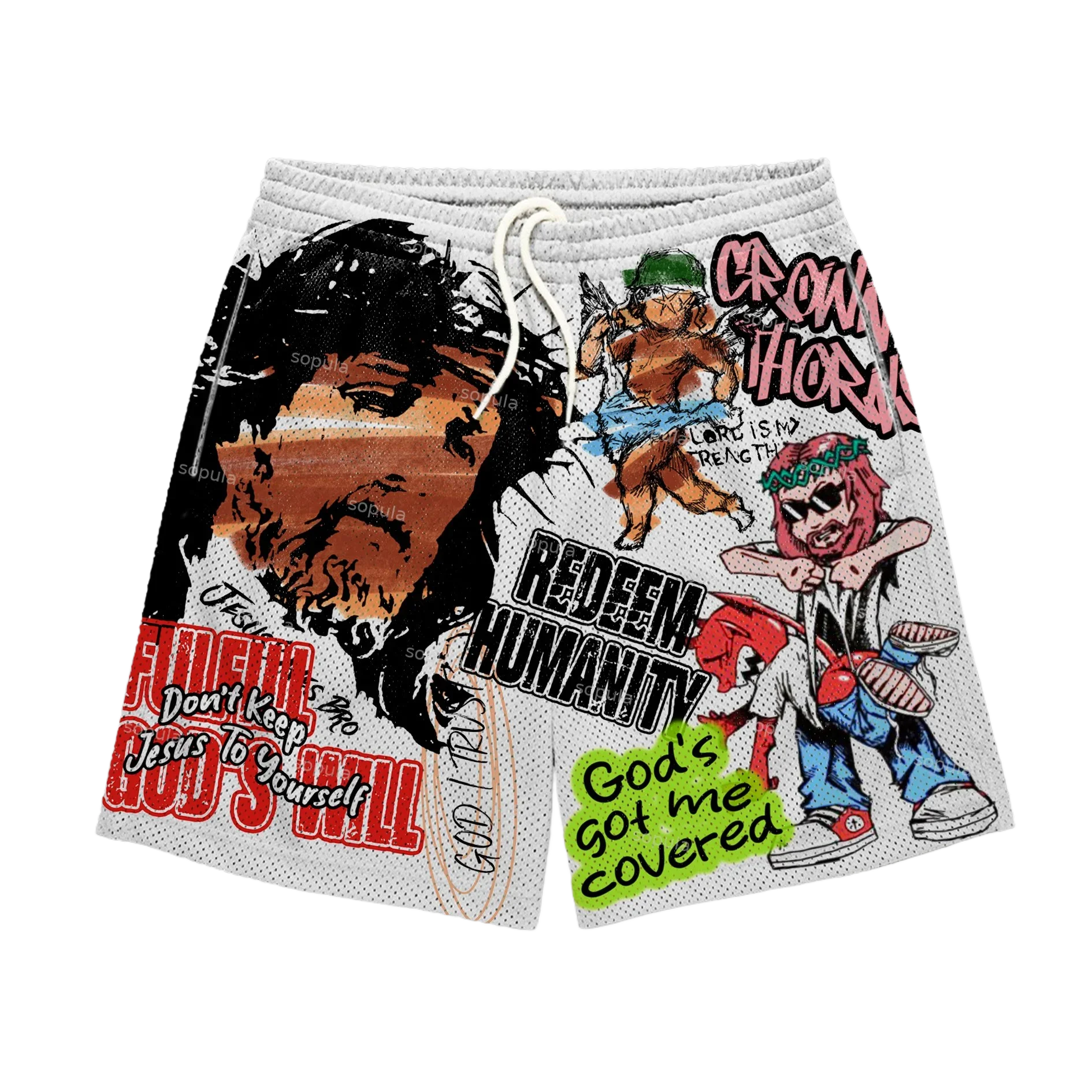 

New Graffiti Jesus Retro Graphic Shorts Breathable Basketball Men Shorts Loose Training Fitness Gym Fashion Quick-dry Shorts