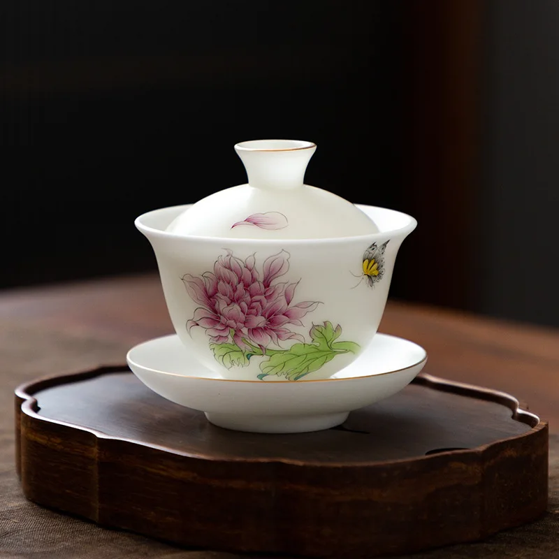 

Ceramic hand-painted cover bowl high-grade white porcelain single kung fu tea set