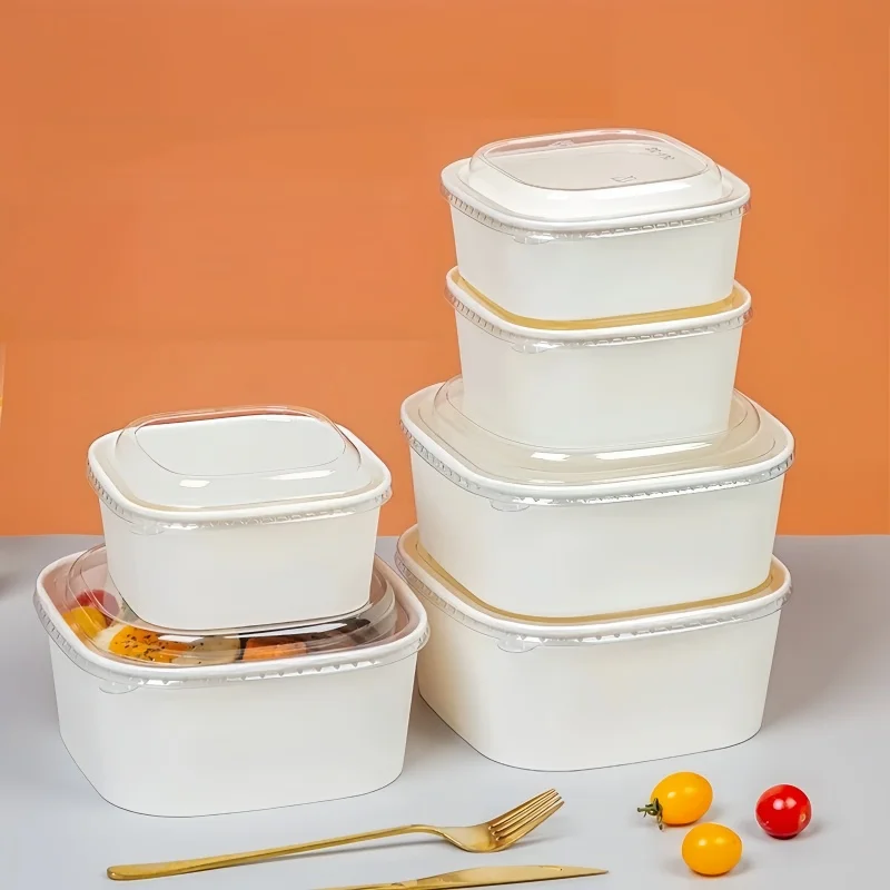 White Square Paper Salad Bowl Environmental Friendly Disposable Take Out Food Container For Meal Prep And Multiple Use