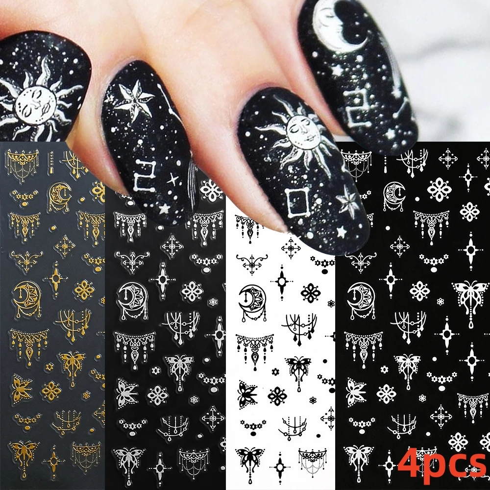9 stks/set Wit Zwart Sterren Nagels Stickers Luxe Zelfklevende Vijfpuntige Ster Nail Art Decals Voor Vrouwen Meisjes Manicure Decor *