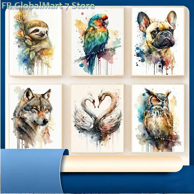 Watercolor Wildlife Canva Diamond Painting Print Poster Abstract Sloth Octopus Flamingo Bird French Bulldog Dog Poster Home Wa
