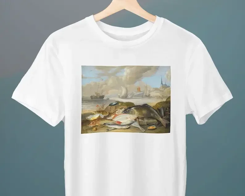 Still life of fish in a harbor landscape, Jan van Kessel the Elder, Unisex T-Shirt, Gift for Her, Gift for Him, Art Lover Gift