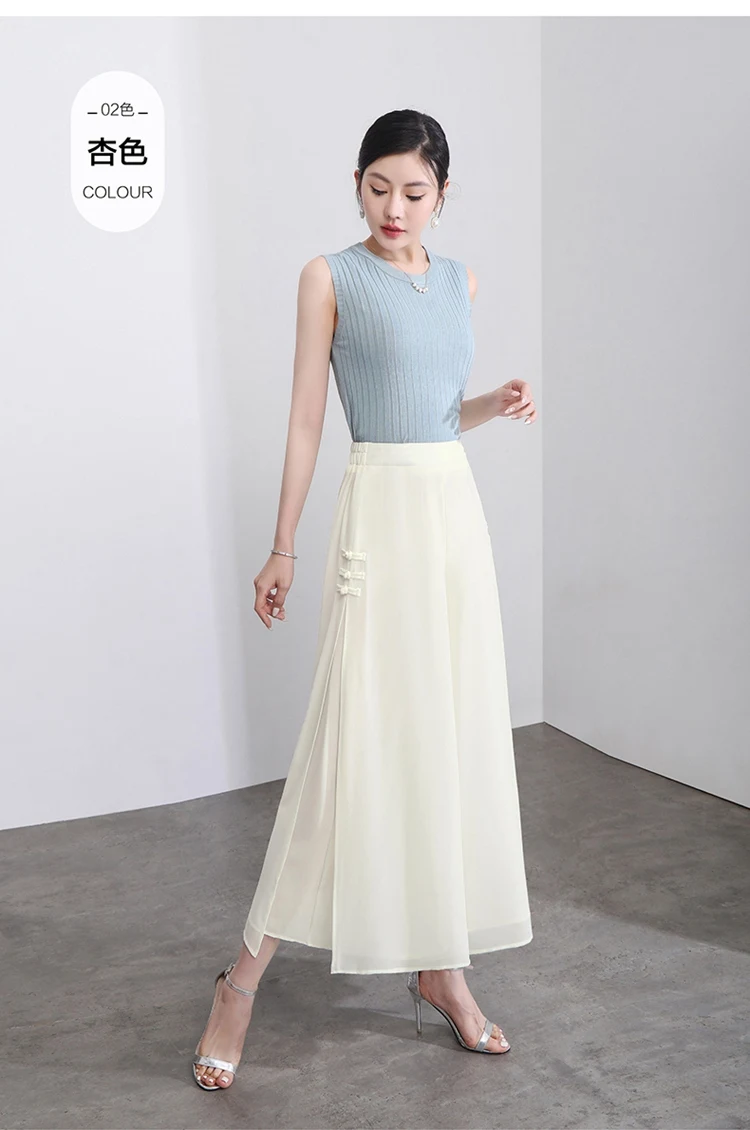 Women Side Slit Chiffon Pants Summer Thin Elastic Waist Wide Leg Pants Chic Droop Trousers Chinese Style Nine Point Pants