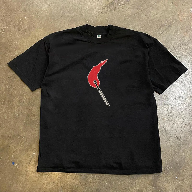 Wang Studio American Retro Washed Short Sleeve T-Shirt Creative Street Oldschool Drapey Cotton round Neck Cartoon Print Tee