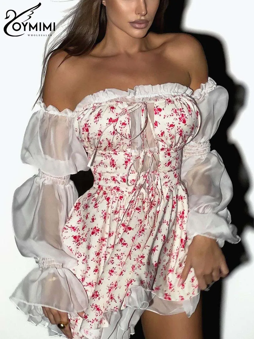 Oymimi Fashion White Print Women's Dress Elegant Slash Neck Off The Shoulder Ruffled Dress Autumn Patchwork Pleated Mini Dresses