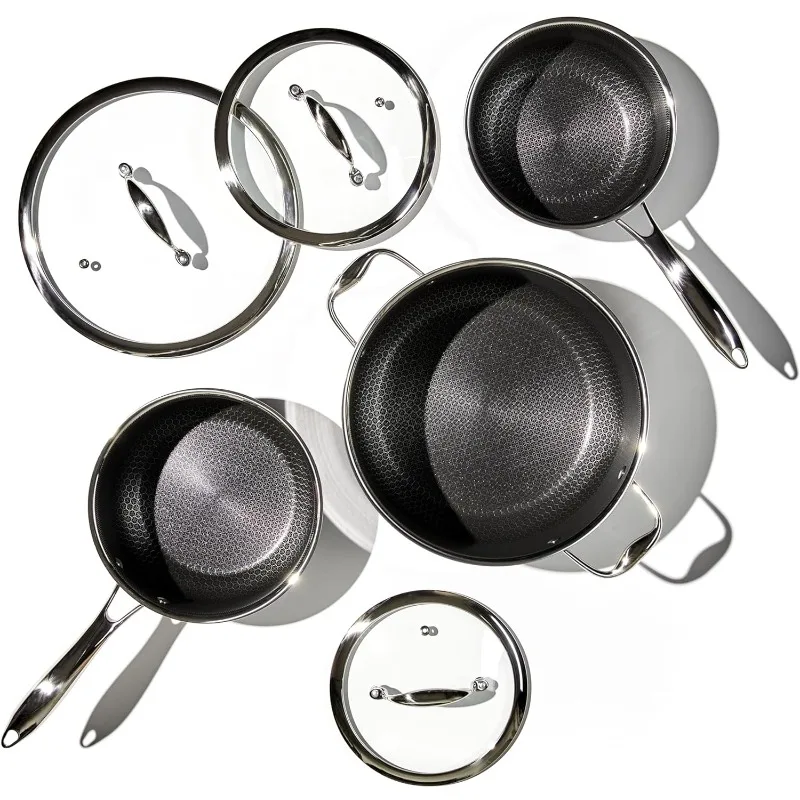 Hybrid Nonstick 6-Piece Pot Set with Trivets, 2, 3, and 8-Quart Pots with Tempered Glass Lids, 2 Silicone Trivets Included