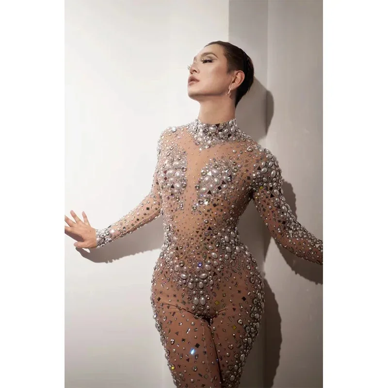 Women Sexy Stage Big Pearls Rhinestones Stretchy Transparent Jumpsuit Evening Birthday Celebrate Outfit Sexy Dancer Bodysuit