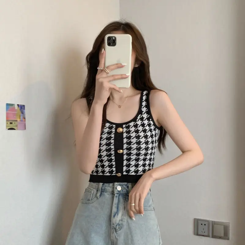 Houndstooth Camis Fashion Buttons Summer All-match Patchwork Slim Square Collar Tank Top Women Clothing Trend Sexy Top Tee