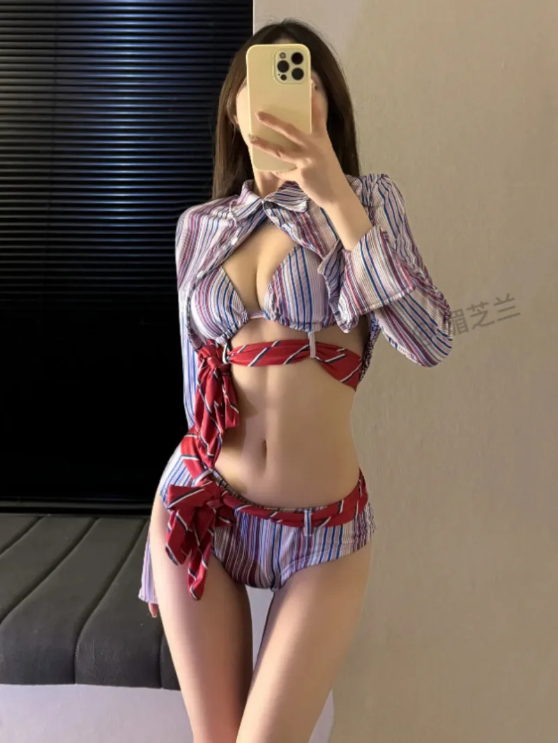 Femme été fille chaude rayé pur désir Bikini taille haute Sexy uniforme Bikinis maillot de bain femmes maillots de bain Sexy femmes J8CX