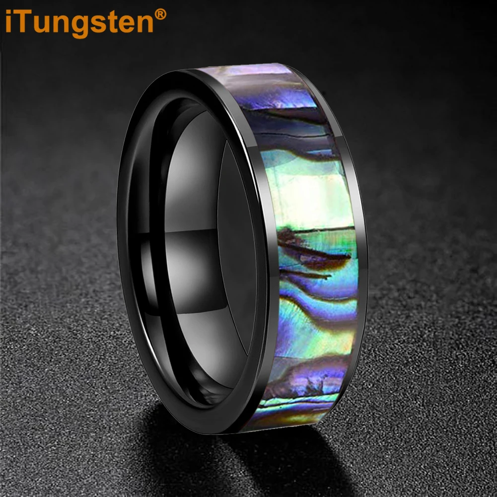 

i Tungsten 8mm Tungsten Rings for Men Women Abalone Shell Wedding Band Flat Edges Comfort Fit