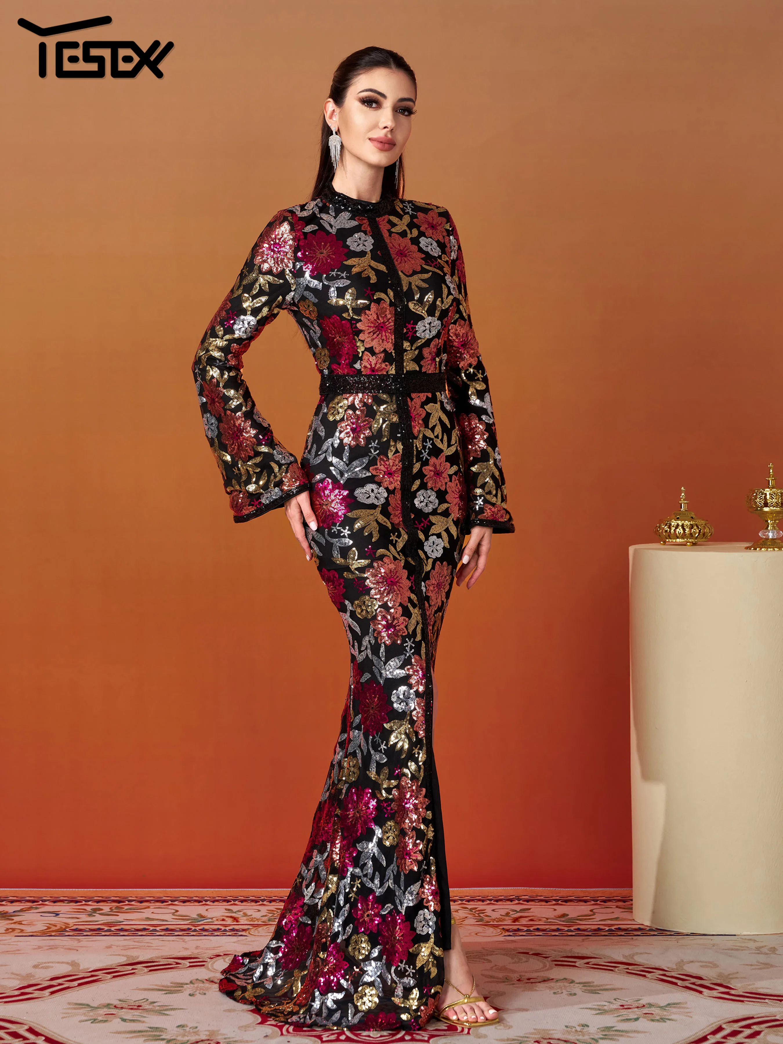 Yesexy-Robe de Soirée Florale à Manches sulf, Col Rond, Longueur au Sol, Paillettes, Mariage, ixd'Anniversaire, VincFormelle, Robes de Bal, Nouveau
