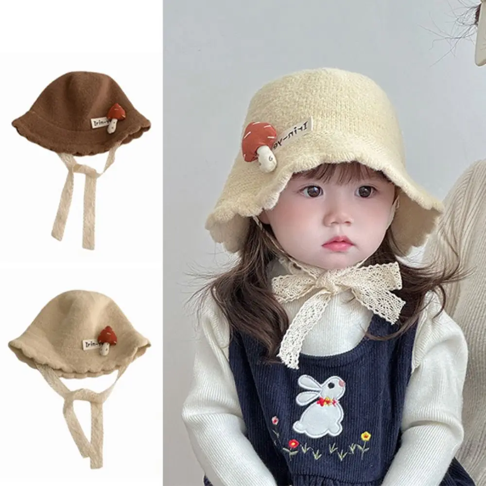 

Soft Kids Warm Knitted Hat Solid Color Mushroom pattern Baby Bucket Hat Breathable Thicken Curled Fisherman Cap Winter Season